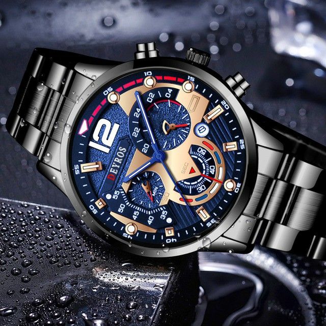 T401 新品 DEYROS デイカウント 腕時計メンズ ラグジュアリーステンレス 黒/青