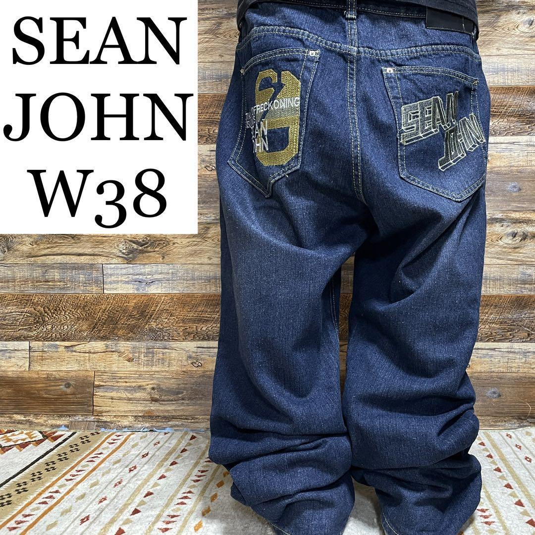 SEANJOHN ショーンジョン デニム ジーパン ジーンズ Gパン ストリート オーバーサイズ 極太 b系 刺繍 青 w38 オーバーサイズ 青  ブルー