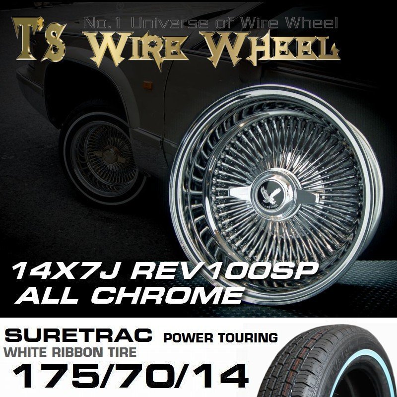 ワイヤーホイール T's WIRE 14X7J REV100SP オールクローム シュアトラックホワイトリボンタイヤセット （ローライダー USDM）_画像2