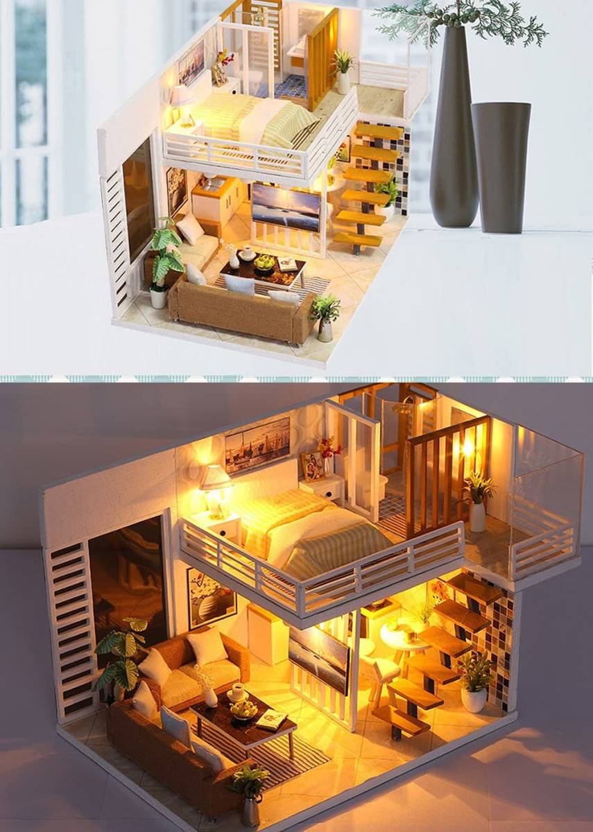 おしゃれな ドールハウス ミニチュア LEDライト アクリルケース 人形 お家 おままごと 組み立て プレゼント 模型 おもちゃ