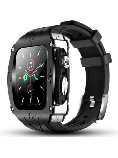 Apple Watch用メタルケース Apple Watchシリーズ9 8 7 45mm用 メンズ 頑丈なケース バンパーiWatch 6 5 4 SE 44mm用 (ブラック - シルバー)