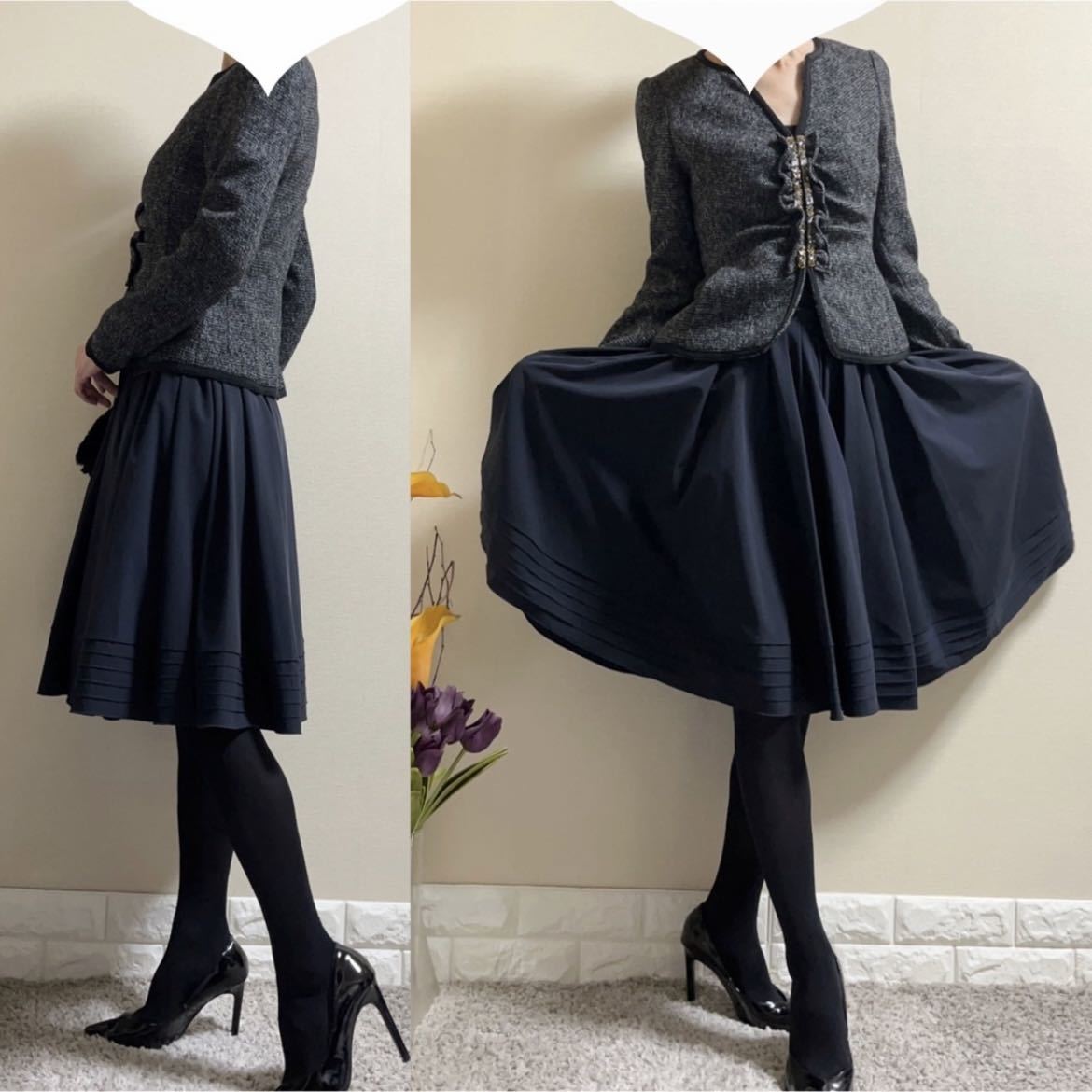 美品 フォクシー フレアスカート 洗える 40 濃紺 M 通年 FOXEY 美品 フォクシー フレアスカート 洗える 40 濃紺 M 通年 FOXEY