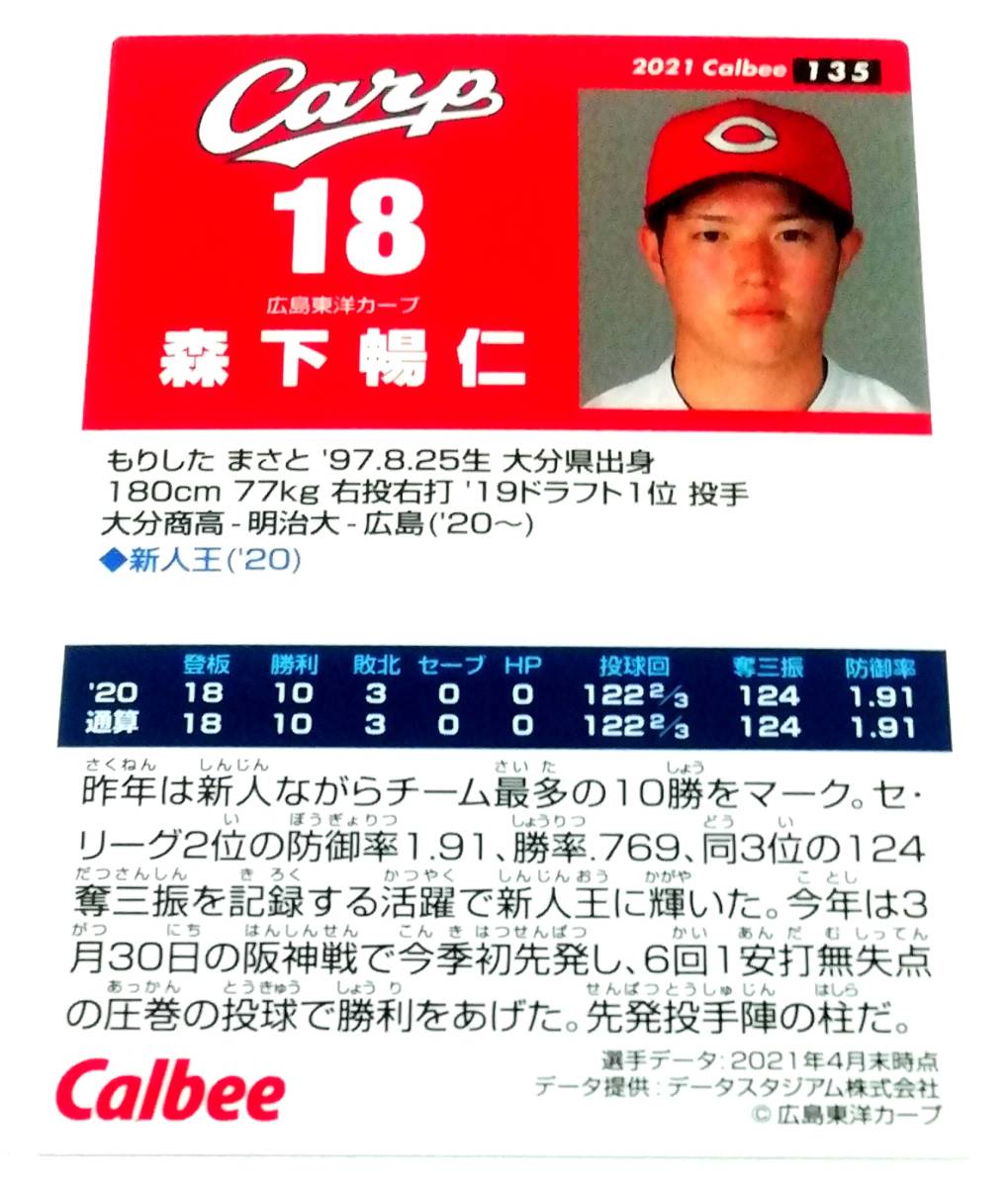 2021　第2弾　森下暢仁　広島東洋カープ　レギュラーカード　【135】 ★ カルビープロ野球チップス_画像2