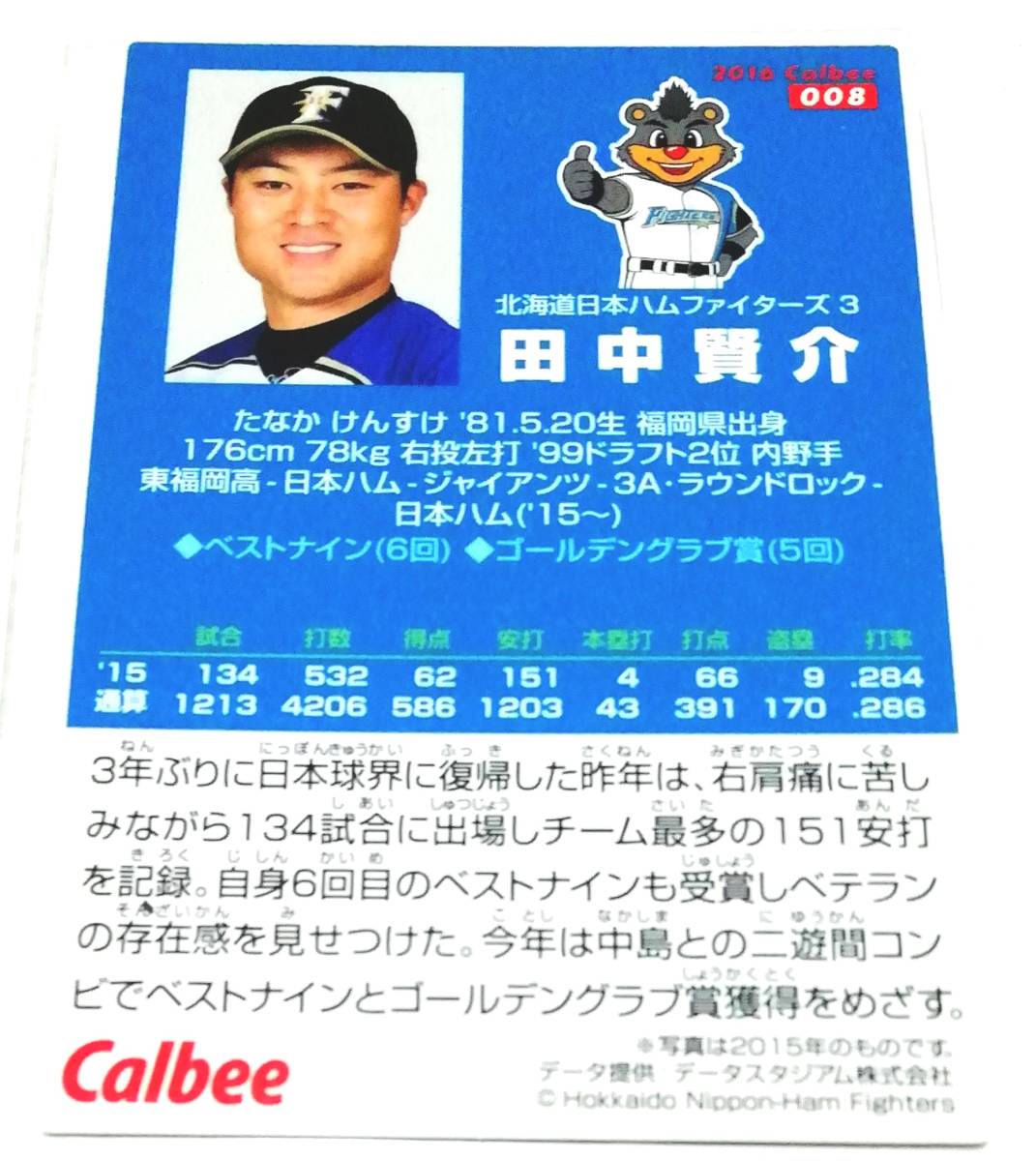 2016　第1弾　田中賢介　日本ハムファイターズ　レギュラーカード　【008】 ★ カルビープロ野球チップス　日ハム_画像2