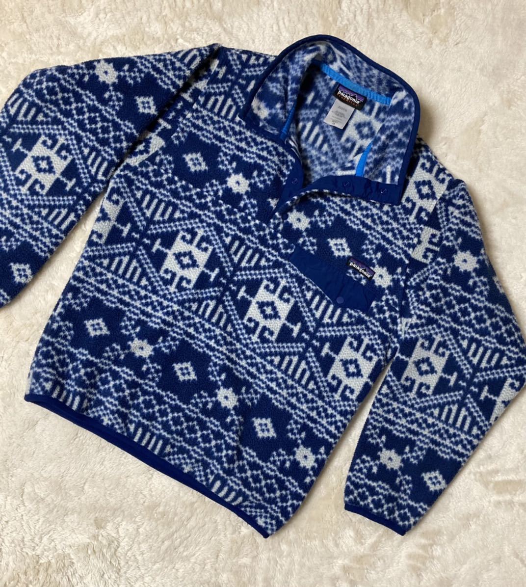 patagonia パタゴニア 総柄 ノルディック 雪柄 シンチラ スナップT フリース プルオーバーsize xs Blue &White 期間限定即決特価_即決 SALE SALE SALE