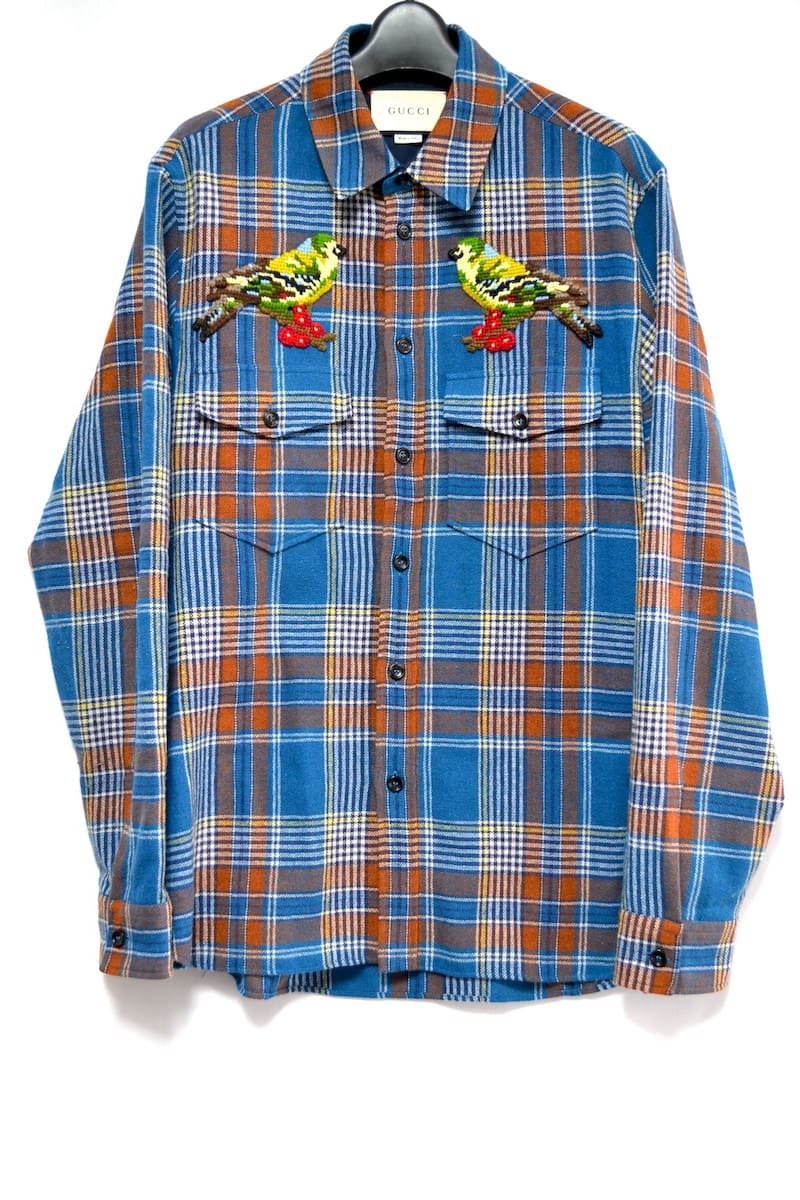 中古 GUCCI バード エンブロイダリー チェックシャツ ブルーｘブラウン サイズ 39(Mサイズ) 478421 Z487F