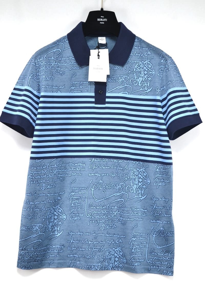 新品 (Berluti) Striped Scritto Polo Shirt Blue Majorelle ベルルッティ ストライプ スクリット ポロシャツ ブルー マジョレル サイズS