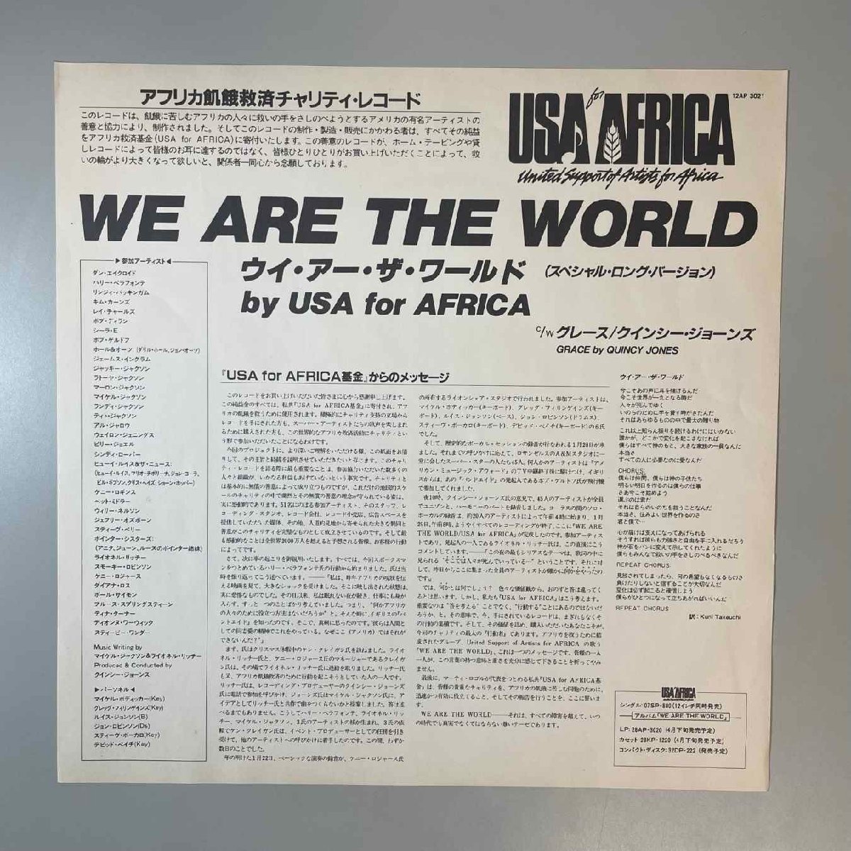 34352★美盤【日本盤】 USA for AFRICA / WE ARE THE WORLD ★12inch 45回転の画像3