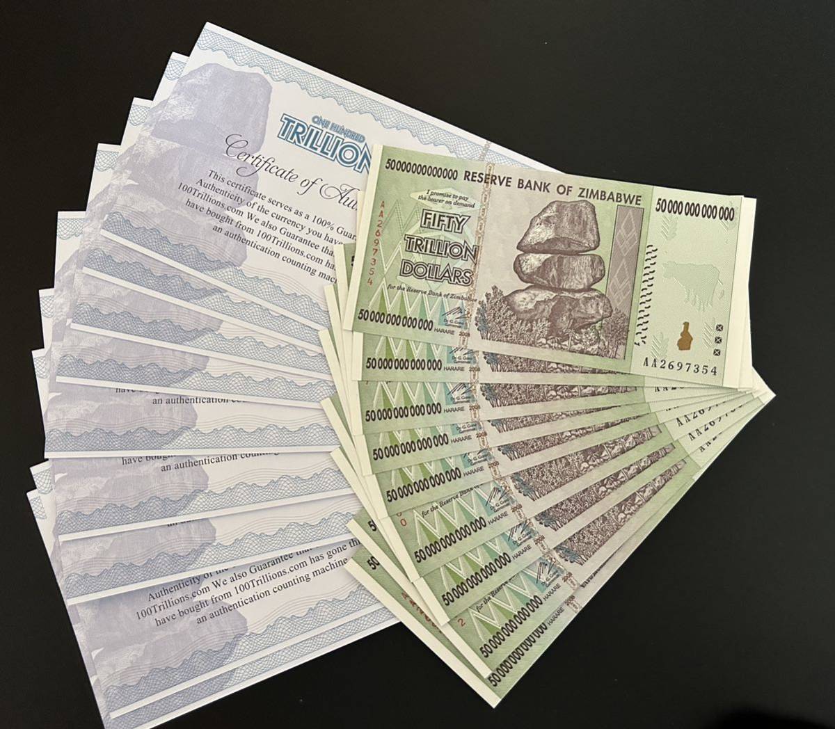 証明書付き】ジンバブエ50兆ドル 紙幣 10枚 未使用連番-