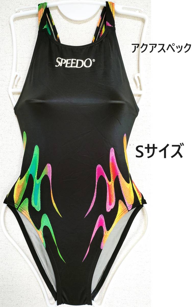 【S】SPEEDO アクアスペック 競泳水着 ワンピース 黒柄オレンジピンクグリーン／平成 レア 廃盤 光沢 ミズノ スピード Sサイズ