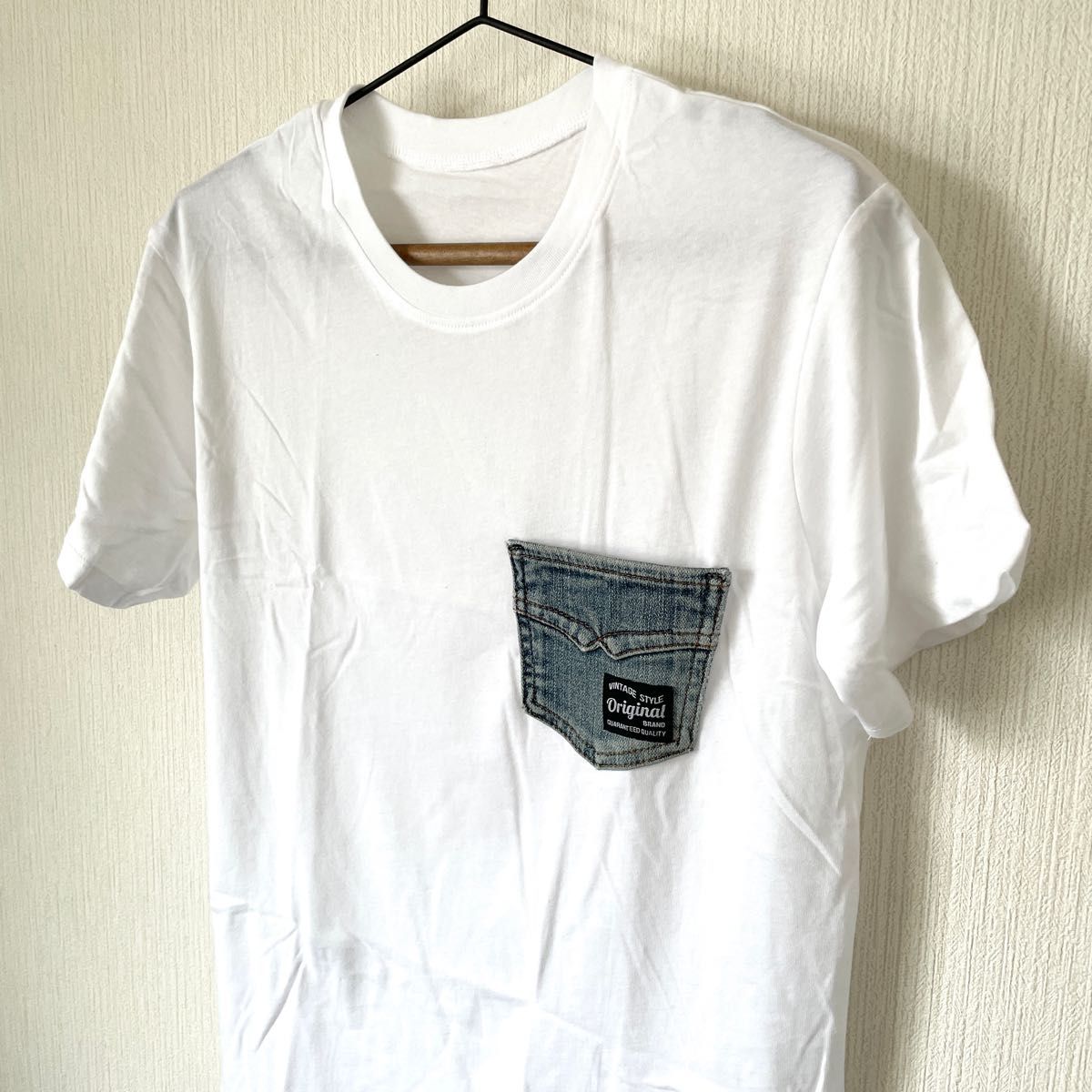 【リメイク】デニムポケ付きTシャツ ハンドメイド メンズ ポケットTシャツ 半袖 クルーネック 匿名配送 白 ホワイト M