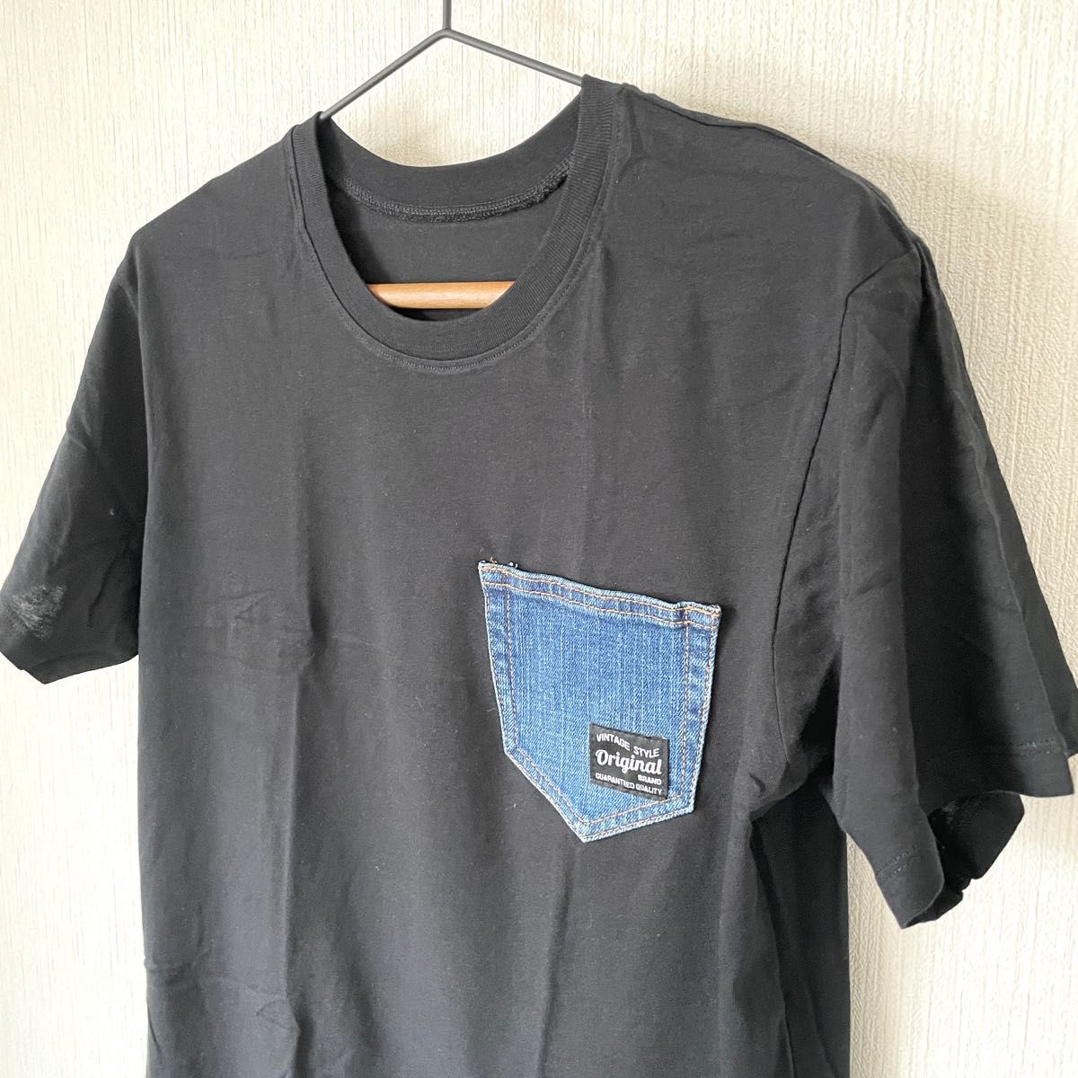 【リメイク】デニムポケットTシャツ ポケ付き ハンドメイド 半袖 クルーネック メンズ 匿名配送 黒 ブラック M