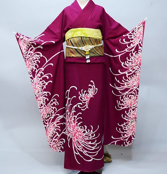 振袖 着物 単品 合繊 仕立て上がり 赤紫 菊の花 成人式 結納 結婚式 新品（株）安田屋 NO38658