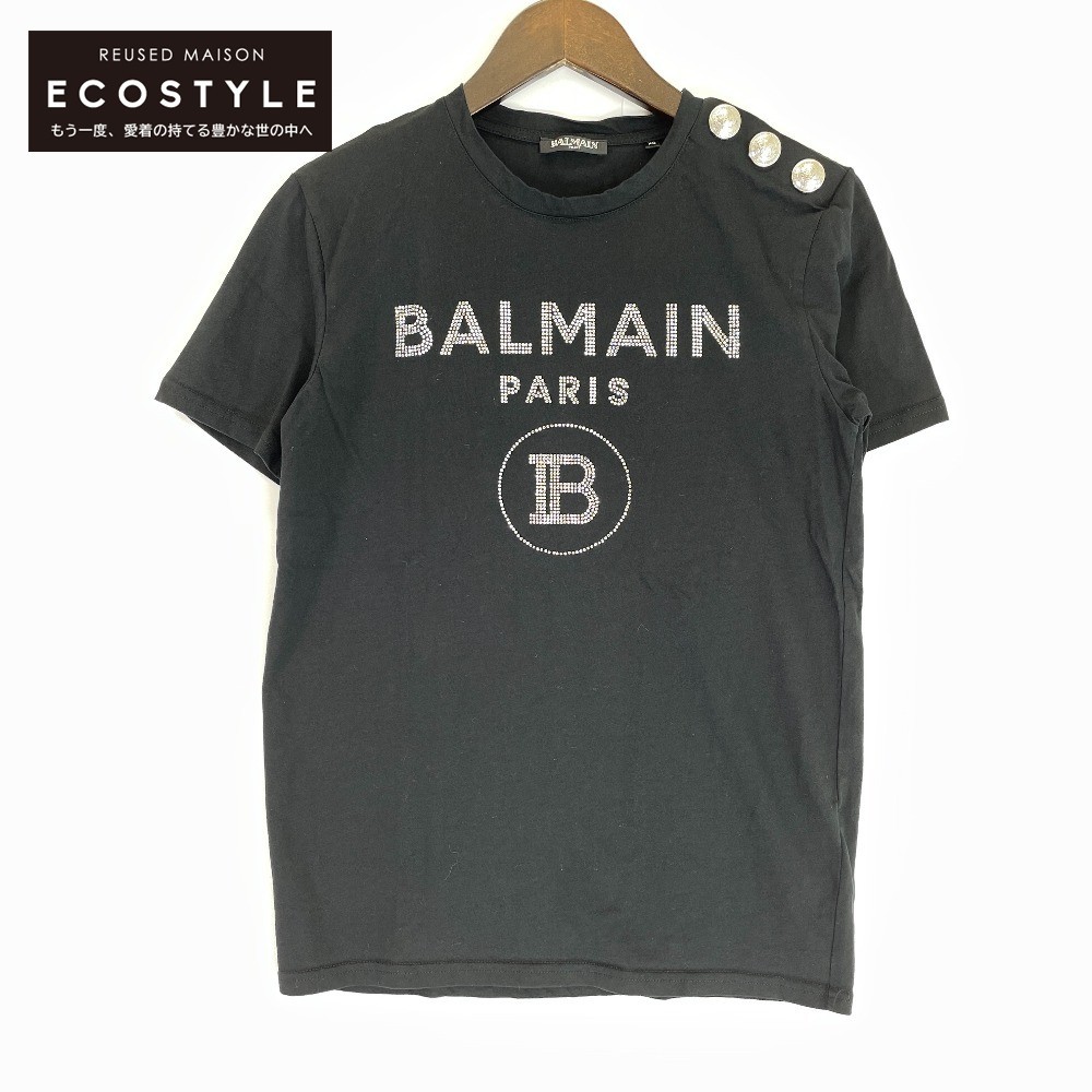 BALMAIN バルマン ブラック スワロフスキーロゴTシャツ ブラック XS トップス コットン レディース 中古