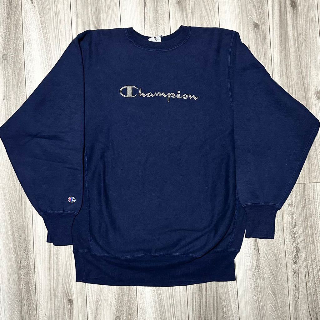 極美品 濃紺 USA製 XXL 両目 champion リバースウィーブ チャンピオンリバースウィーブ スウェット スクリプト 両目 珍ピオン_画像2