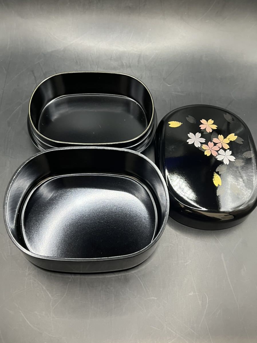 未使用品 漆器 お弁当箱 桜 黒 2段_画像2