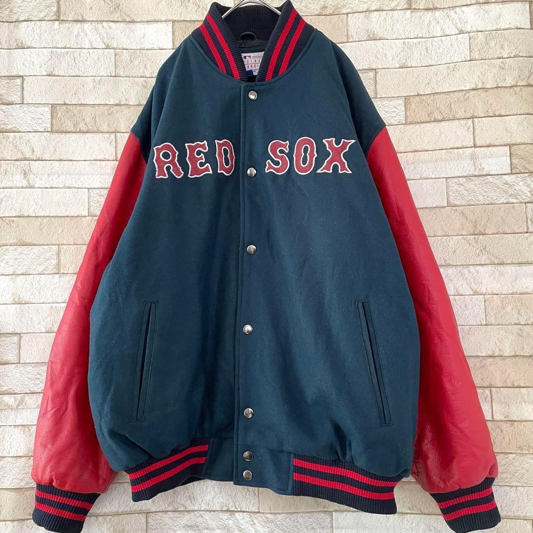 スタジャン MLB REDSOX レッドソックス ウール 袖レザー 革 両面刺繍 バックロゴ 裏地キルティング 紺 赤 L