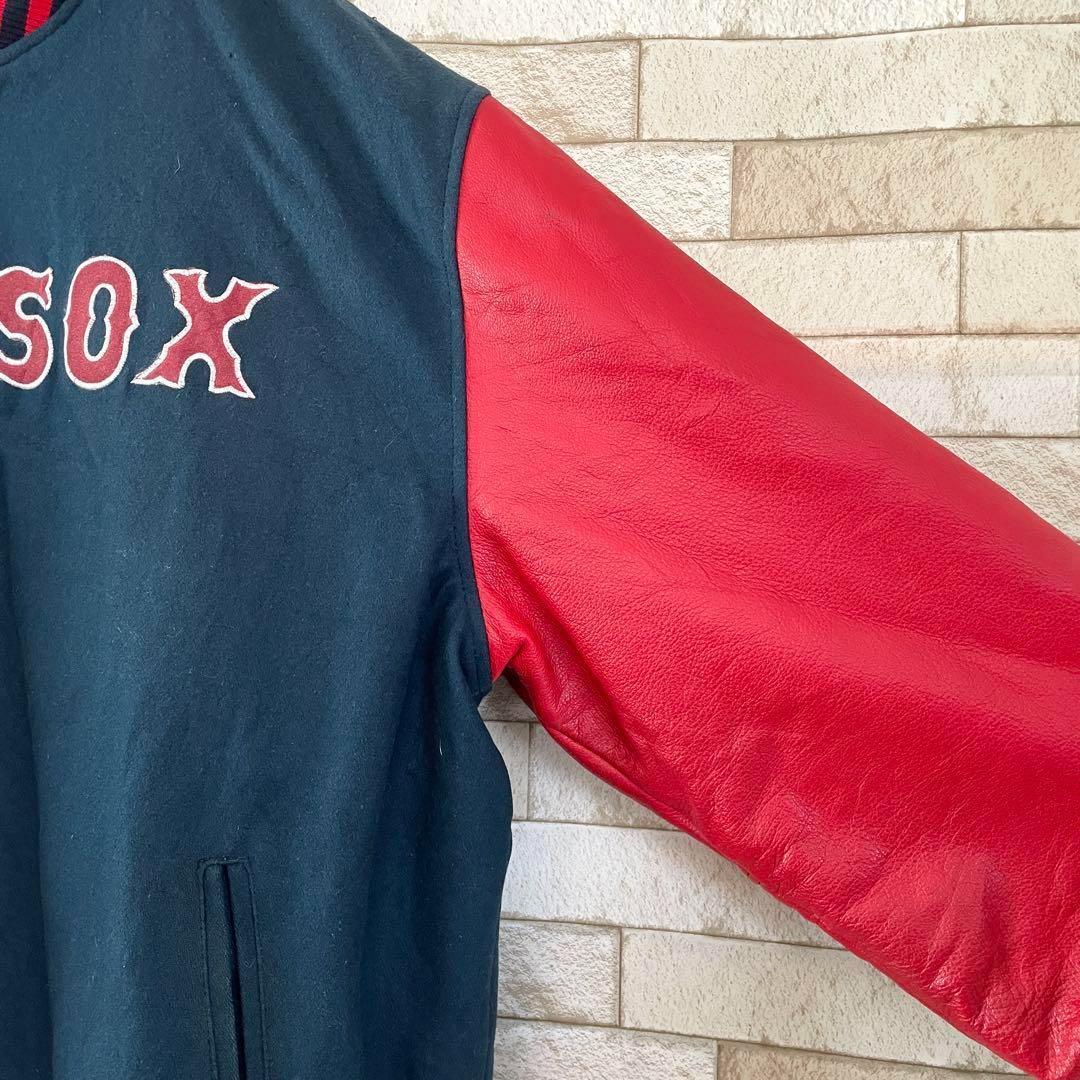 スタジャン MLB REDSOX レッドソックス ウール 袖レザー 革 両面刺繍 バックロゴ 裏地キルティング 紺 赤 L