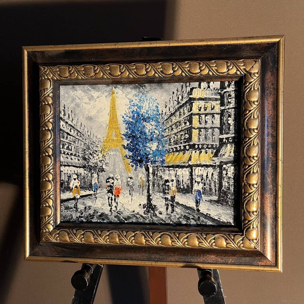 アウトレット 手書き油絵 パリの風景 エッフェル塔 額付 絵画