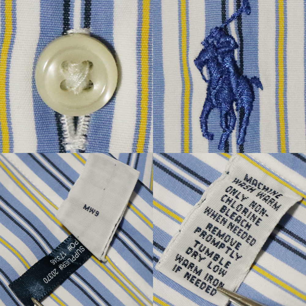 アメリカ購入品 USED品 POLO RALPH LAUREN ポロ ラルフローレン ワイドカラー ホリゾンタル シャツ マルチストライプ SAX×白×黄×紺 M_画像10