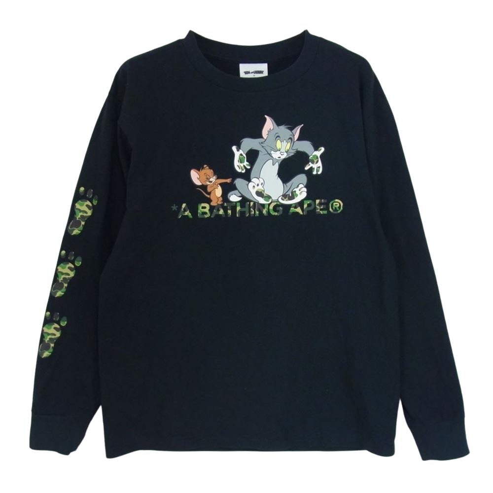 A BATHING APE アベイシングエイプ TOM AND JERRY トムとジェリー FOOTPRINTS L/S TEE プリント 長袖 Tシャツ ブラック系 S【中古】