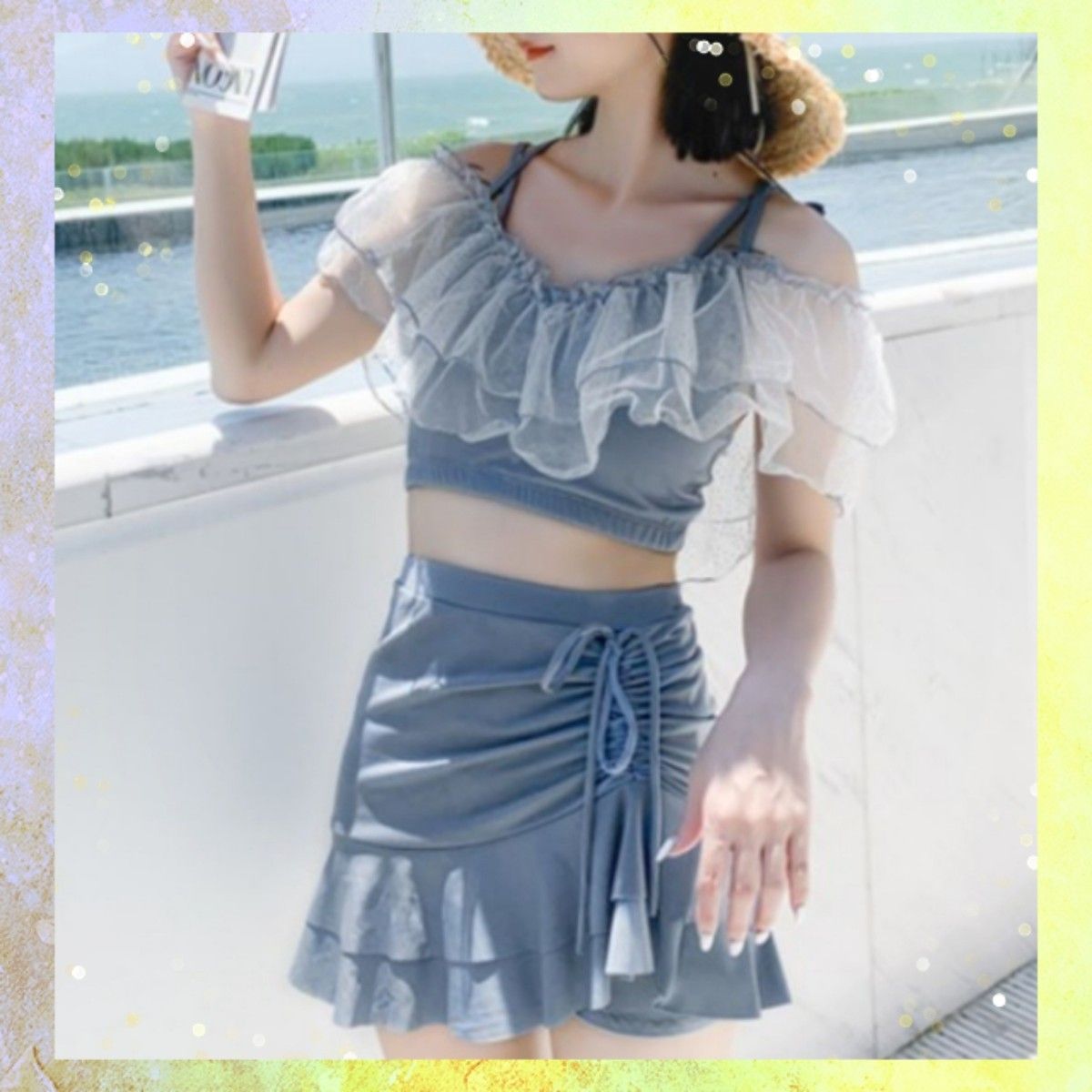 レディース水着　セパレート　M　おしゃれ☆体型カバー☆かわいい・韓国ファッション・ビキニ・フリル・キュート青　スカート　パット付き