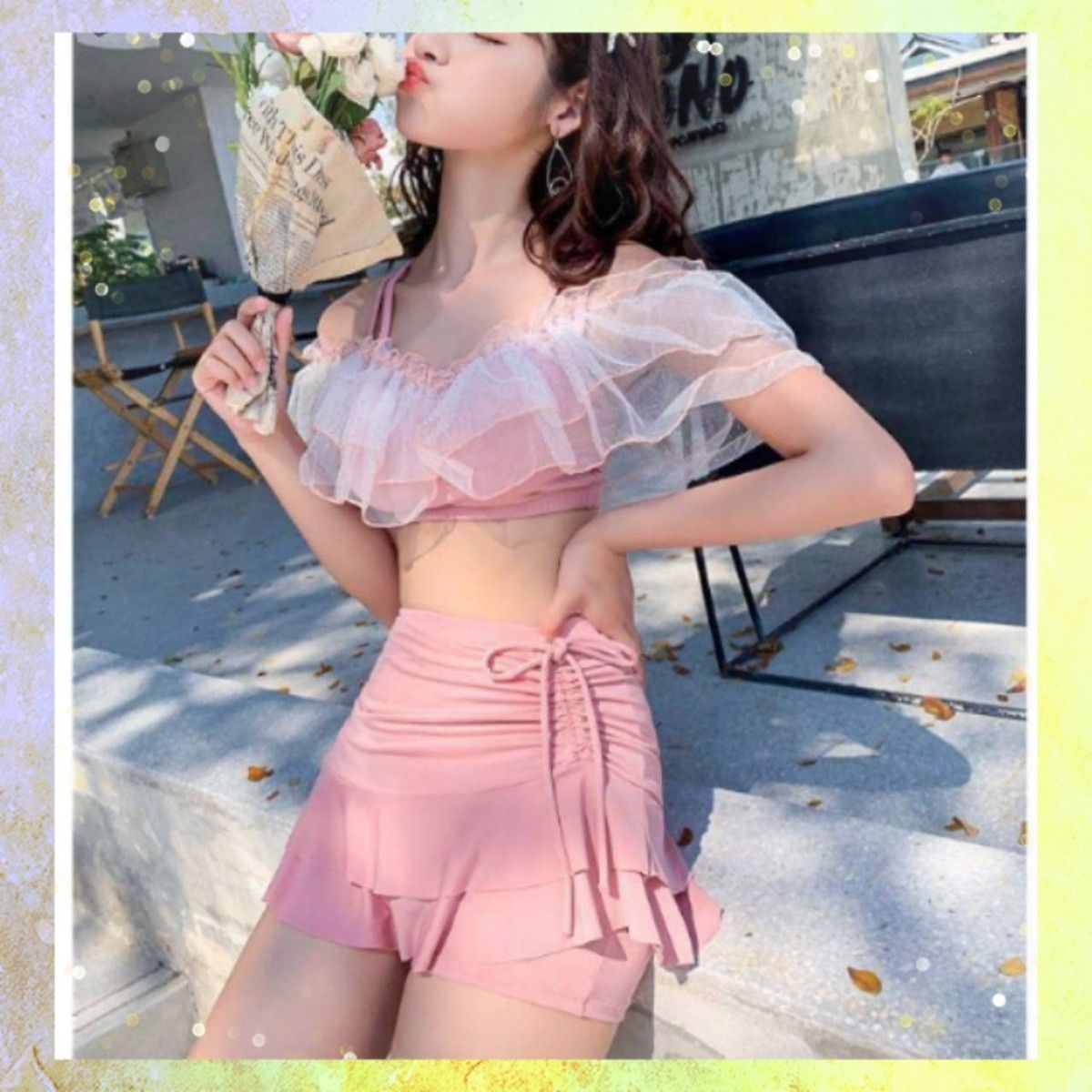 レディース　水着　セパレート　M　おしゃれ☆体型カバー☆かわいい・韓国ファッション・ビキニ・フリル・キュート　ピンク sexy