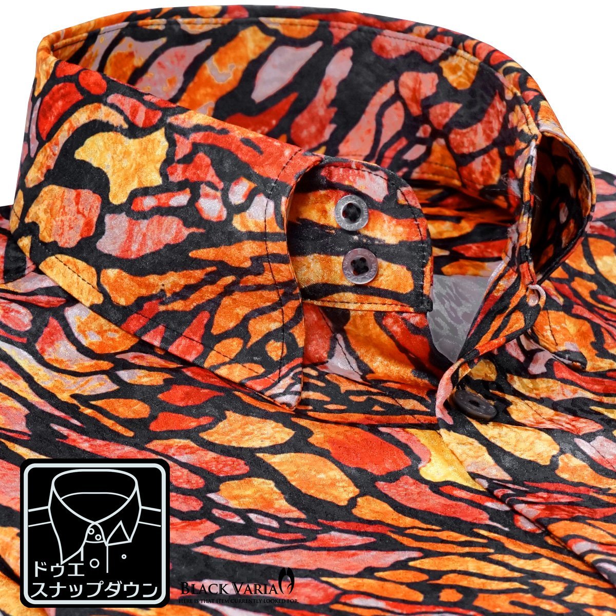 231901-or BlackVaria サテンシャツ ドゥエボットーニ ステンドグラス ドレスシャツ 長袖スナップダウン ジャガード メンズ(オレンジ橙) M