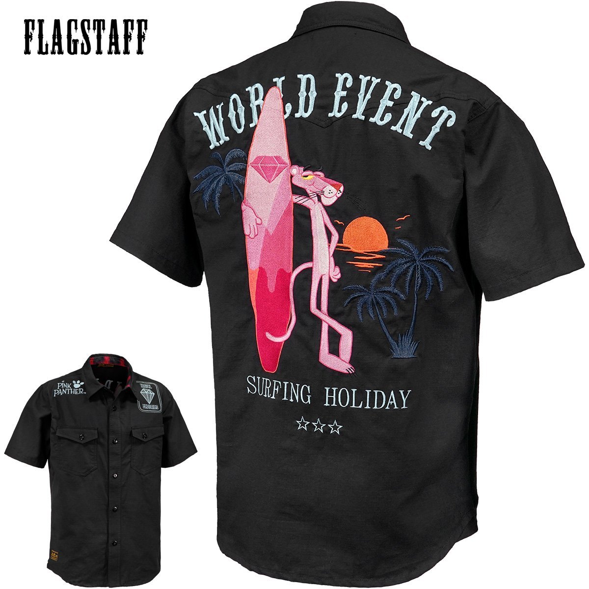 432044-20 ピンクパンサー PINK PANTHER ワークシャツ リップストップ mens メンズ サーフボード 半袖シャツ(ブラック黒) FLAG STAFF XL