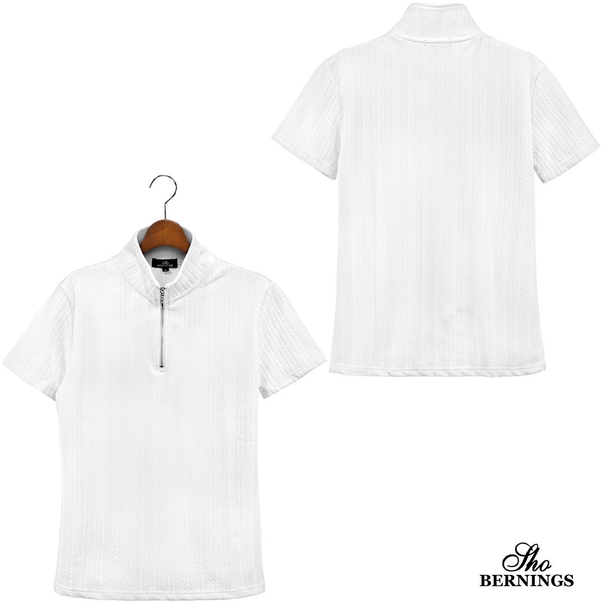 342742-01 ポロシャツ ハーフジップ ヘリンボーン 半袖 無地 ジャガード ストレッチ Tシャツ メンズ(ホワイト白) シンプル 織柄 M_画像4