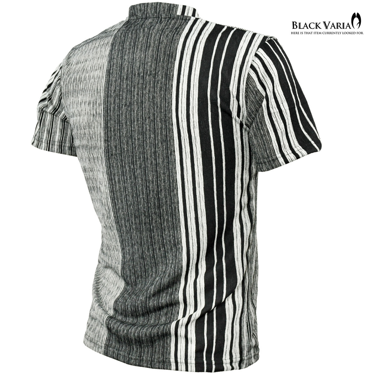 9#203303-bk BLACK VARIA ジャガード アシメ配色ストライプ 半袖 Vネック Tシャツ メンズ(ホワイト白ブラック黒) XL スリム 日本製 きれい_画像3