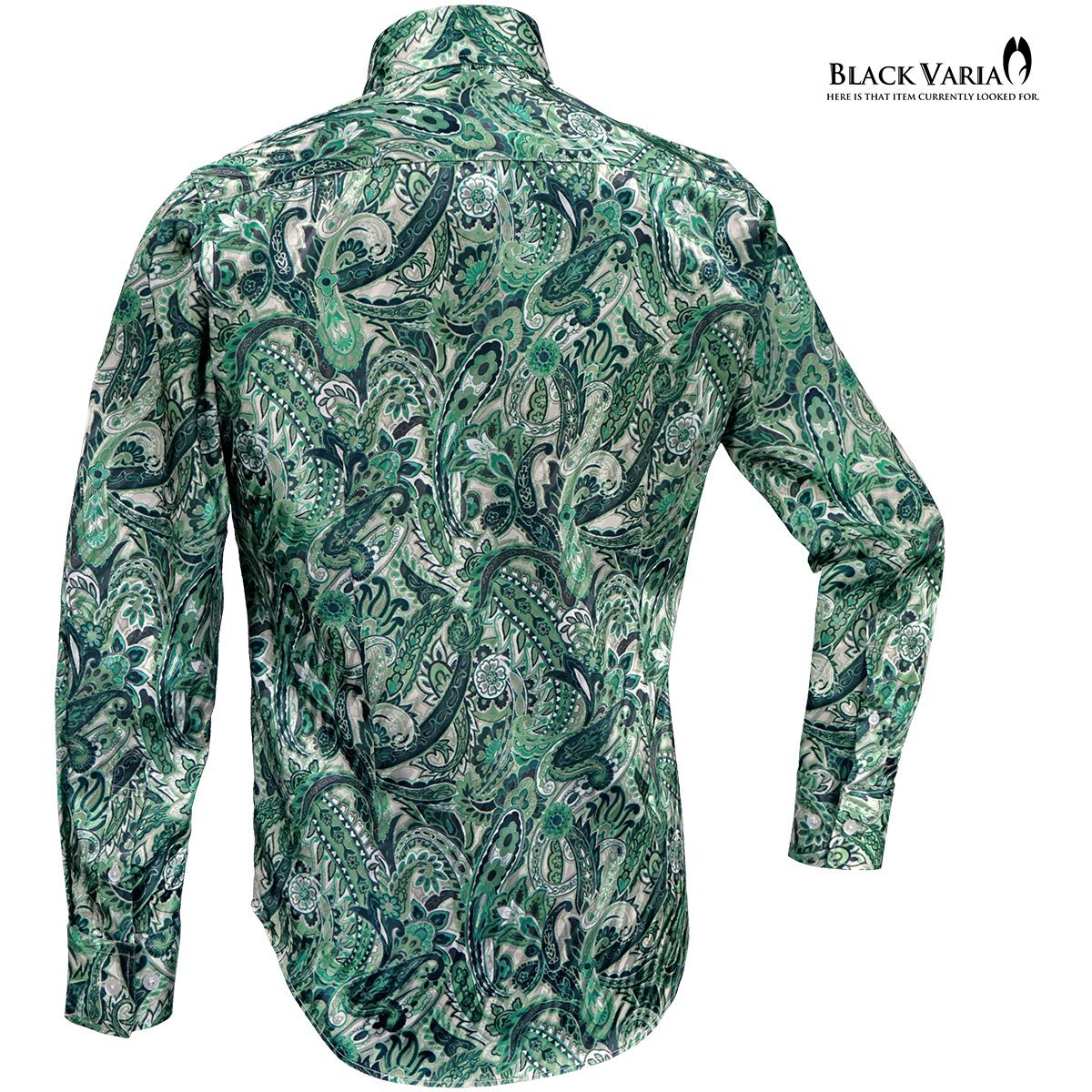 a231902-gr BlackVaria サテンシャツ ドゥエボットーニ ペイズリー柄 ドレスシャツ 長袖レギュラーカラー ジャガード メンズ(グリーン緑) L_画像3