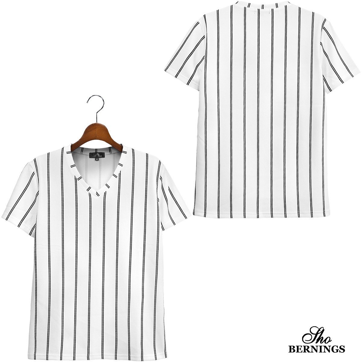 319032-01 Bernings sho Tシャツ Vネック ダブルストライプ シンプル 半袖 mens メンズ(ホワイト白) きれいめ カジュアル L_画像4