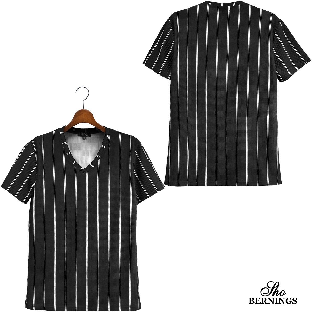 319032-90 Bernings sho Tシャツ Vネック ダブルストライプ シンプル 半袖 mens メンズ(ブラック黒) きれいめ カジュアル XL_画像4