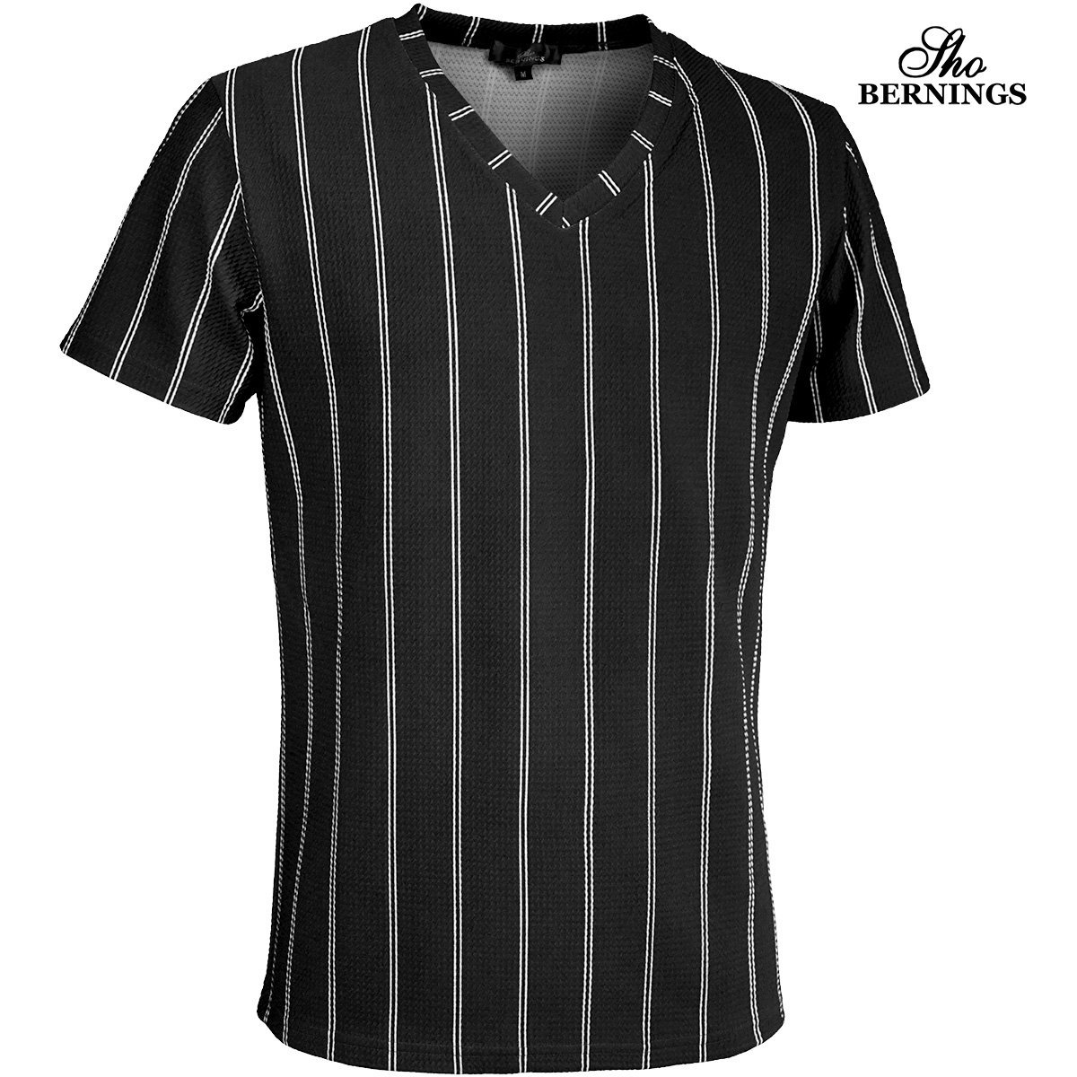319032-90 Bernings sho Tシャツ Vネック ダブルストライプ シンプル 半袖 mens メンズ(ブラック黒) きれいめ カジュアル XL_画像1