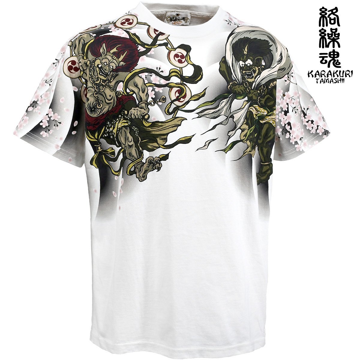 232843-10 からくり魂 絡繰魂 クルーネック 風神雷神 和彫 半袖Tシャツ 和柄 mens メンズ(ホワイト白) XL インクジェットPTの画像1