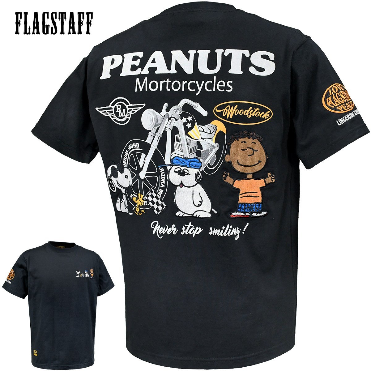 432037-20 FLAG STAFF SNOOPY PEANUTS スヌーピー 半袖Tシャツ クルーネック ジョークール オラフ バイク メンズ(ブラック黒) XL