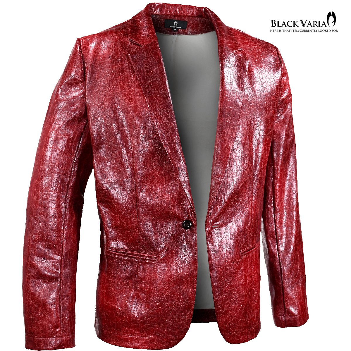 3#201252-re BLACK VARIA PUフェイクレザー テーラードジャケット ユーズド加工 クラッキング ヒビ 光沢 合皮 日本製(レッド赤) M 衣装