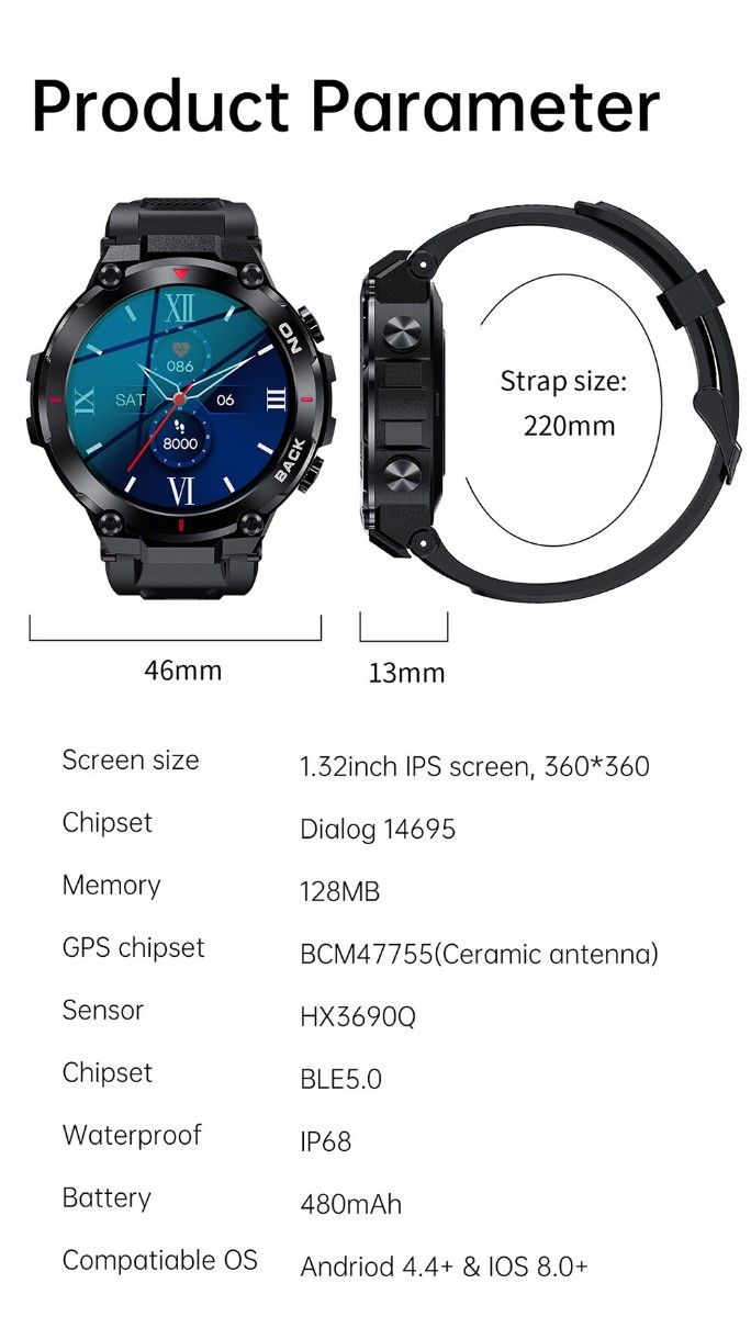 スマートウォッチ 新品未使用 軍用規格 高品質 GPS機能 日本語対応 メンズ腕時計 血中酸素 歩数計/心拍計/血圧計 ブラック