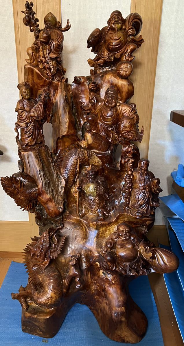 大型 約145cm !!】一刀彫 七福神/龍 木彫り 縁起物 置物 七福神 大型 約145cm !!】一刀彫 七福神/龍 木彫り 縁起物 置物 七福神