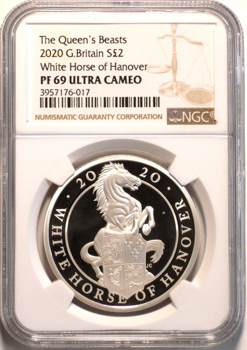 2020 イギリス クイーンズビースト ハノーバー家の ホワイトホース 2ポンド 銀貨 NGC PF69 UC 元箱 COA 説明書付 (白馬 英国 PCGS PR)_画像1