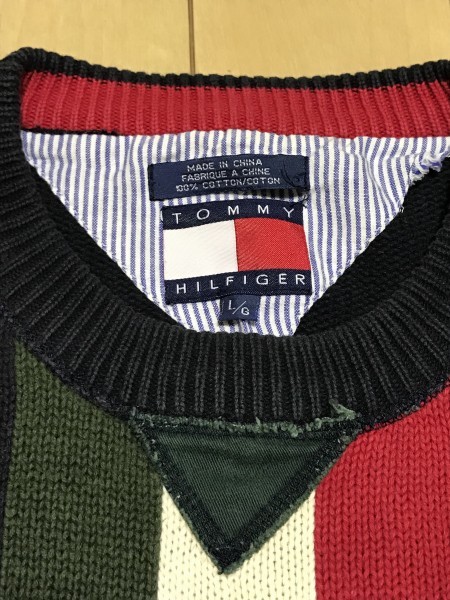 セール L/G 当時物 TOMMY HILFIGER トミー ヒルフィガー コットン ニット セーター ストライプ / 総柄 前V 切り替え 90’s_画像3