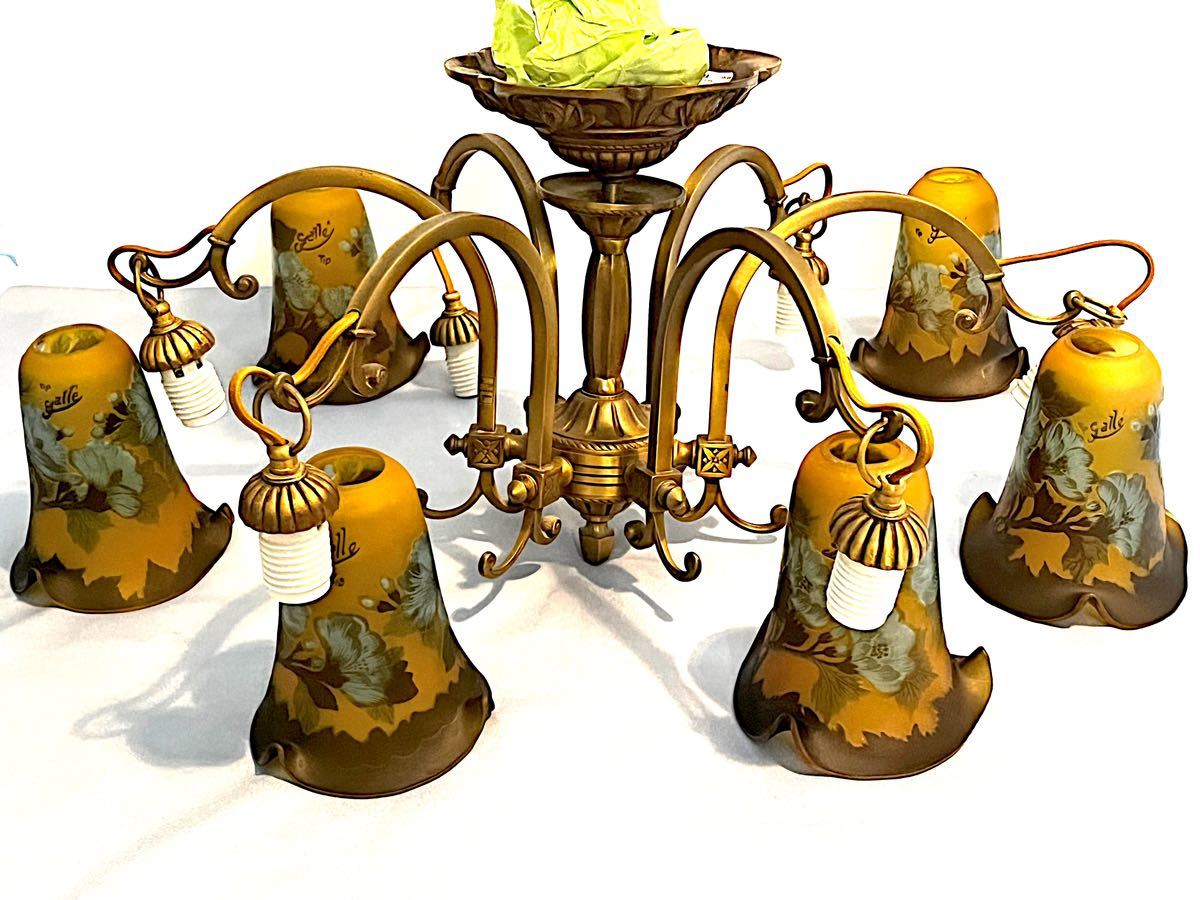 正規品 Tip Galle ルーマニア製 ガレ 6灯シャンデリア エミールガレ 真鍮飾 照明器具 天井照明 アンティークブロンズ アール・ヌーヴォー