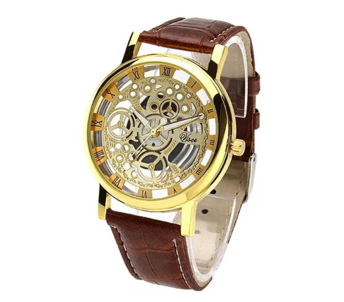 腕時計 時計 ギリシャ文字 ステンレス レザー ベルト 革 アナログ メンズ クォーツ 時計 男女兼用 ゴールドフレーム　ブラウン　1_画像1
