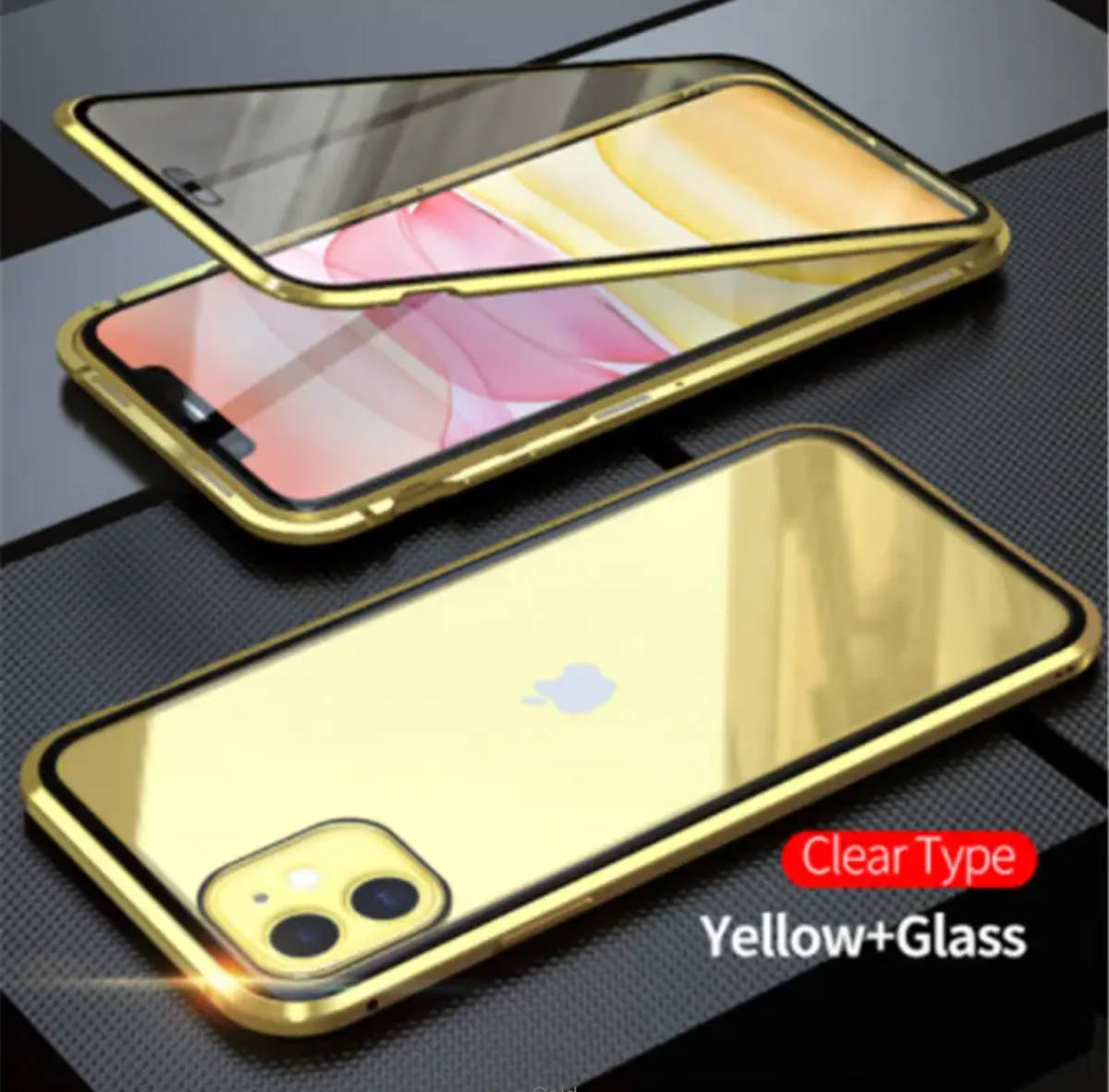 iPhone7Plus iPhone8Plus スマホケース アルミバンパー アルミ 強化ガラス メタルフレーム クリアケース 液晶フィルム ゴールド　1_画像1