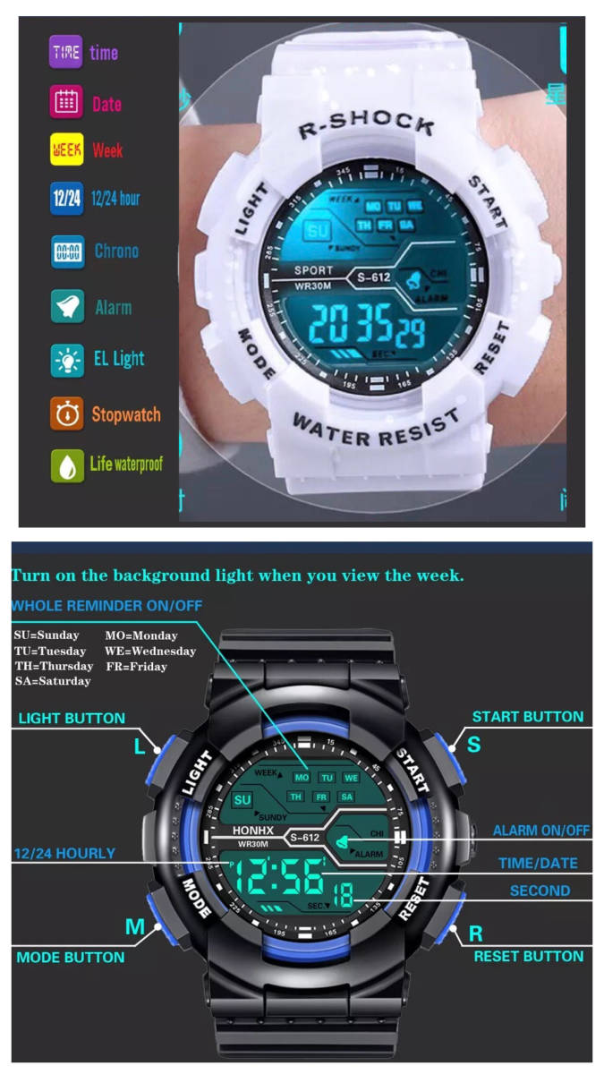 デジタル腕時計 スポーツ腕時計 腕時計 時計 デジタル式 LED デジタル 自転車 スポーツ キャンプ ランニング アウトドア　ホワイト　1_画像5