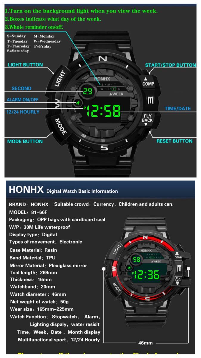 デジタル腕時計 スポーツ腕時計 腕時計 時計 デジタル式 LED デジタル 自転車 スポーツ キャンプ ランニング アウトドア　ブラック　1_画像2
