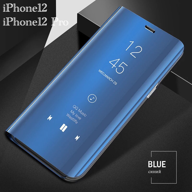 iPhone12 iPhone12Pro 手帳型ケース ミラーケース 光沢 鏡面 反射 鏡面加工 液晶フィルム　クリアケース スマホケース ブルー　1_画像1