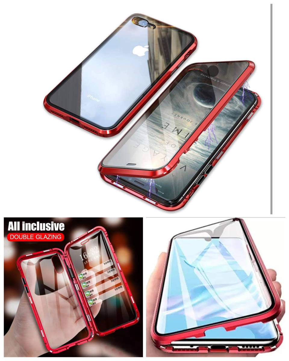 iPhone7Plus iPhone8Plus スマホケース アルミバンパー アルミ 強化ガラス メタルフレーム クリアケース 液晶フィルム レッド　1_画像2
