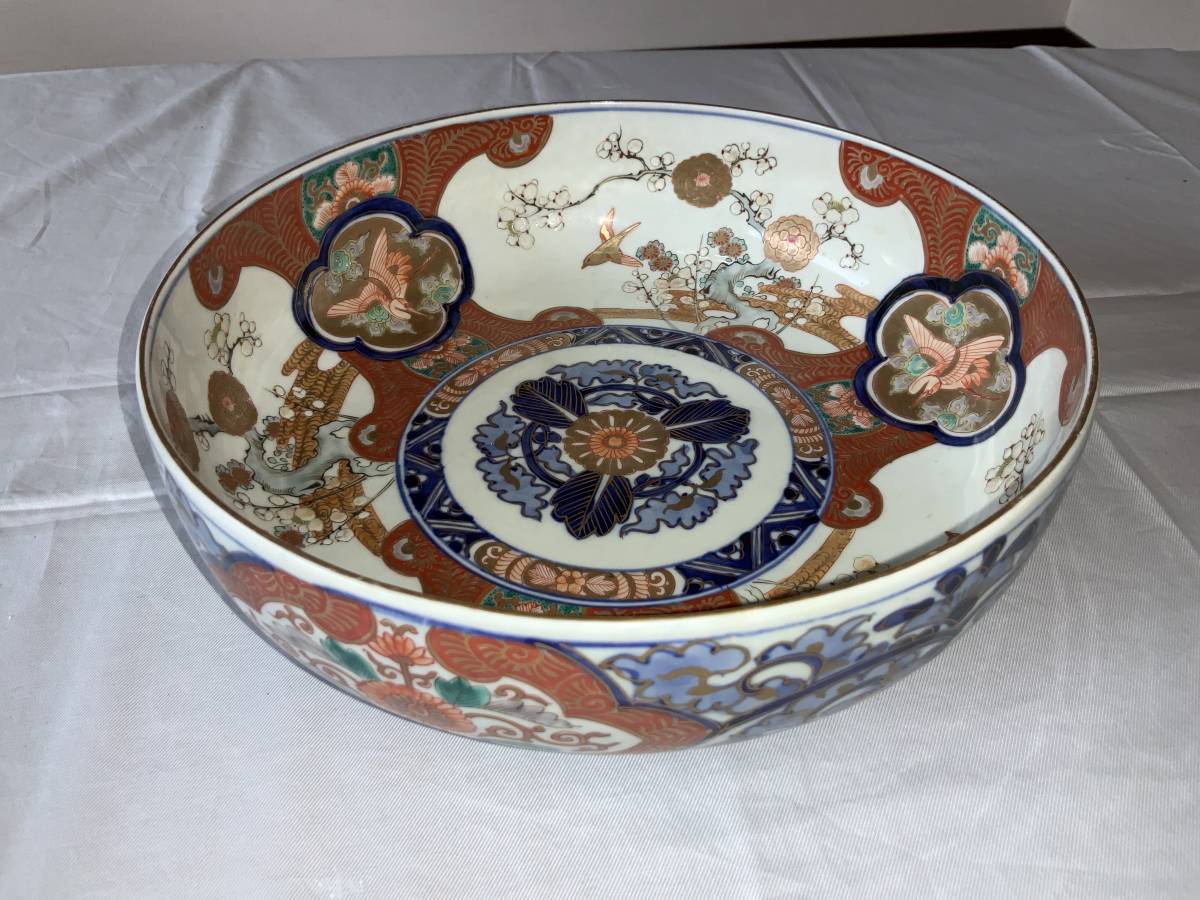 ◇ 骨董　古伊万里　金蘭手の飾り　大深鉢　27cm／　色絵金彩・梅開花・骨董陶磁・アンティーク　◇